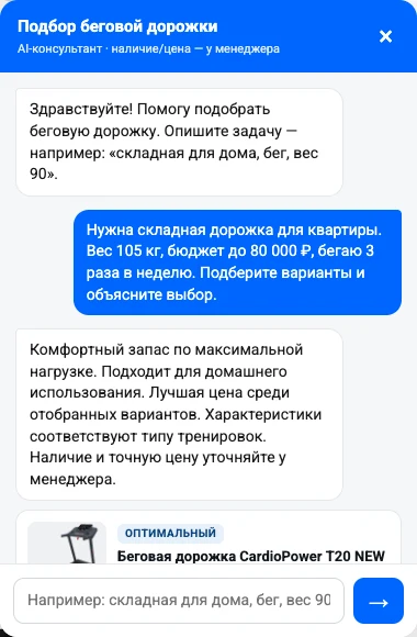 Реальный диалог покупателя с AI-консультантом Dag Sport: задача, объяснение выбора и рекомендуемая модель