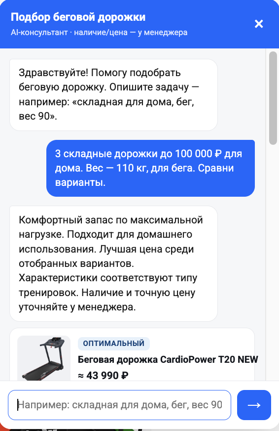 Запрос покупателя AI-консультанту Dag Sport и начало подбора
